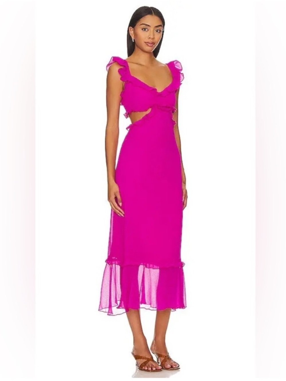 Show Me Your MuMu Lane Midi dress in hot pink chiffon- ruffle cutout maxi dress